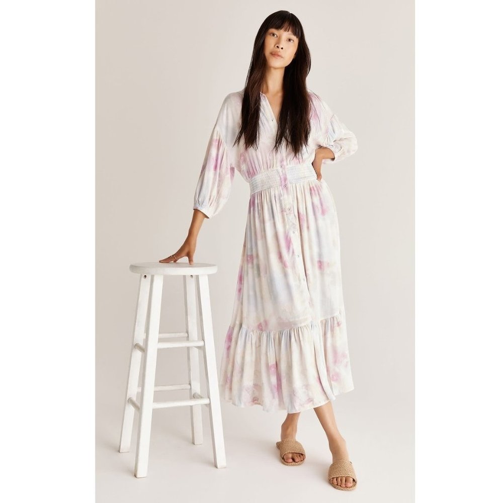 Z Supply Tanya Blurred Watercolor Floral Button Up Smock Waist Maxi Dress